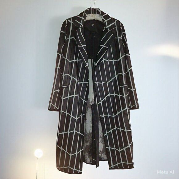 K Designer Black & White Geometric Leather-Panel Coat – Size S – Made in Lisbon